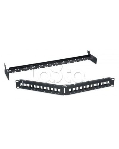 Патч-панель угловая модульная 19, 1U, 24 порта RJ-45, для неэкранированных модулей, с задним кабельным организатором (без модулей) Cabeus PLB-24-CON в Ессентуках Патч панель Pintop.ru