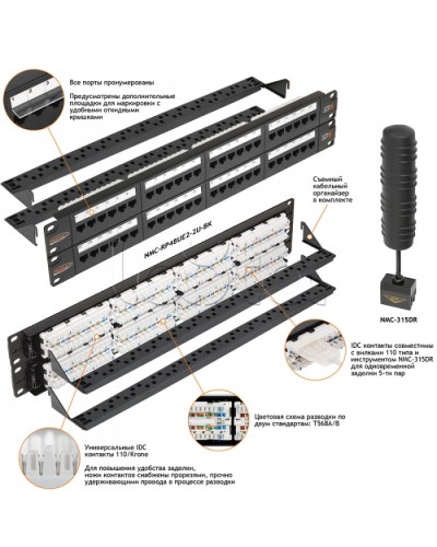 Патч-панель 19, 2U, 48xRJ45 NIKOMAX (NMC-RP48UE2-2U-BK) в Ессентуках Патч панель Pintop.ru