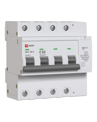 Дифференциальный автомат АД-4 63А/ 30мА (хар. C, AC, электронный) 6кА EKF PROxima (DA4-6-63-30-pro) в Ессентуках Электротехническое оборудование Pintop.ru