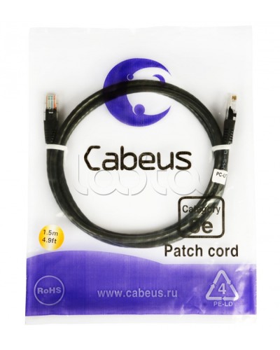 Патч-корд 2xRJ-45/8P8C U/UTP кат.5е (2 м) Cabeus PC-UTP-RJ45-CAT.5E-2M-BK в Ессентуках Патчкорды (медные) Pintop.ru