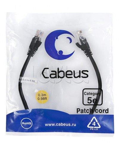 Патч-корд медный U/UTP кат.5е (0,3м) LSZH (черный) Cabeus (PC-UTP-RJ45-Cat.5e-0.3m-BK-LSZH) в Ессентуках Патчкорды (медные) Pintop.ru