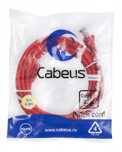 Патч-корд медный U/UTP кат.5е (3м) LSZH (красный) Cabeus (PC-UTP-RJ45-Cat.5e-3m-RD-LSZH) в Ессентуках Патч-корды и пигтейлы Pintop.ru