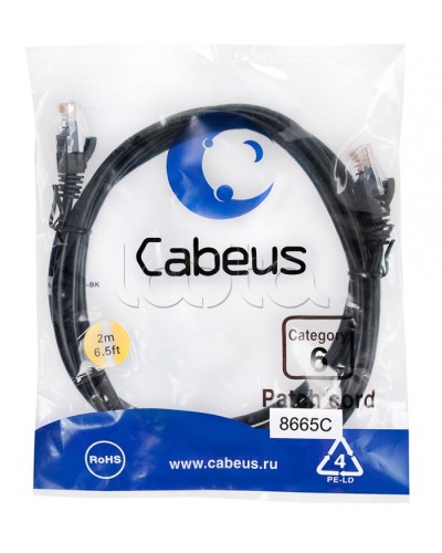 Патч-корд UTP, категория 6, 2 м, неэкранированный, черный Cabeus PC-UTP-RJ45-Cat.6-2m-BK в Ессентуках Патчкорды (медные) Pintop.ru