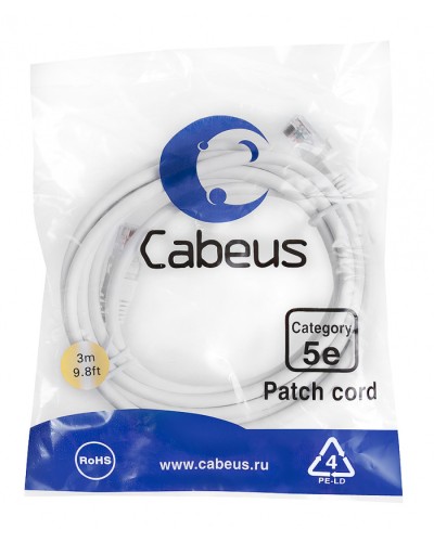 Патч-корд медный U/UTP категория 5е (3м) LSZH (белый) Cabeus (PC-UTP-RJ45-Cat.5e-3m-WH-LSZH) в Ессентуках Патчкорды (медные) Pintop.ru