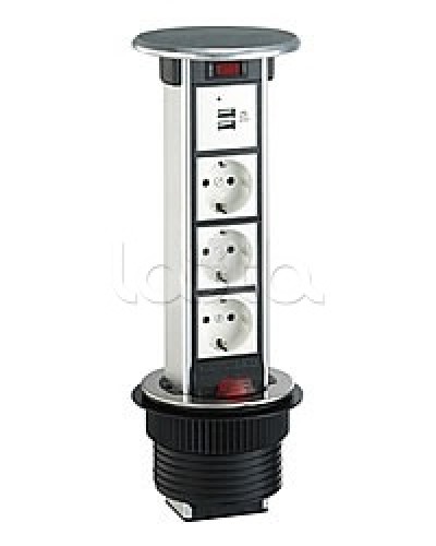 Блок розеточный встраеваемый в стол, 4 поста (45х45) IP54, с выключателем нагрузки (алюм+латунь) Экопласт 70344 в Ессентуках Блоки розеток Pintop.ru